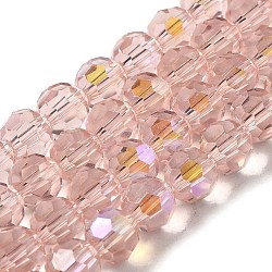 Electroplate transparentes abalorios de vidrio hebras, facetados, redondo, arco iris chapado, rosa, 8mm, agujero: 1 mm, aproximamente 66~69 pcs / cadena, 19.29~19.57 pulgada (49~49.7 cm)