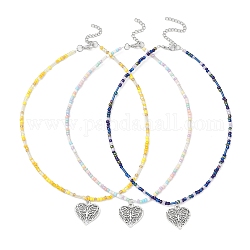 Collier pendentif cœur en alliage de style tibétain avec papillon et chaînes de perles de rocaille, couleur mixte, 15.83 pouce (40.2 cm)