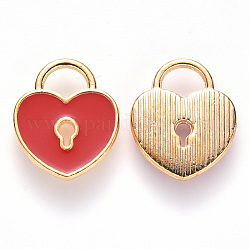 Lega di fascini dello smalto, cuore di blocco, oro chiaro, rosso, 13x11x1.5mm, Foro: 3x4 mm
