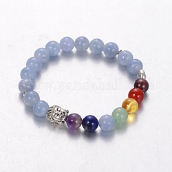 Stretch Buddhist Jewelry Multi-Color Gemstone Chakra Bracelets, Antique Silver, Aquamarine, 55mm
