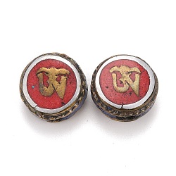 Perline in ottone fatte a mano in stile tibetano, con turchese sintetico, rotondo e piatto, rosso, 15.5x8mm, Foro: 1.8 mm