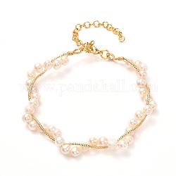 Pulsera de perlas naturales de múltiples hilos para niña mujer, pulsera de cadena rolo de latón, dorado, 7-1/8 pulgada (18 cm)