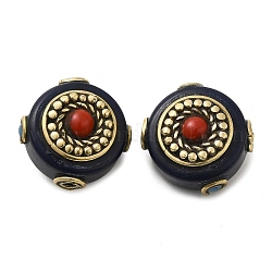 Perles de résine de style tibétain faites à la main, avec turquoise synthétiques et  les accessoires en laiton , plat rond, Or antique, 20x21x13.5mm, Trou: 2mm