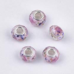 Perles européennes de Murano de sable d'or manuelles, Perles avec un grand trou   , en laiton de tonalité de platine noyaux doubles, facette, rondelle, rose, 13.5~14x8.5~9mm, Trou: 5mm