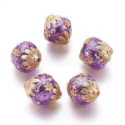 Perles Indonésiennes manuelles, avec de l'argile polymère, strass et accessoires en métal, ovale avec des fleurs, or, support violet, 20~22x18~19mm, Trou: 2mm