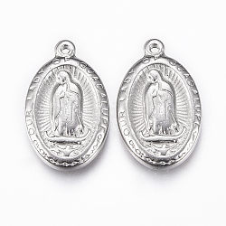 304 Medaillenanhänger aus Edelstahl, Oval mit Jungfrau Maria / unserer Dame von Guadalupe, Edelstahl Farbe, 23x14x2.5 mm, Bohrung: 1.5 mm