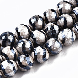 Tibetan Style dZi Beads, Natural Agate Beads Strands,  Dyed & Heated, Pearlized, Round, Faceted, Old Lace, 10mm, Hole: 1mm, about 37~38pcs/strand, 14.57 inch(37cm)