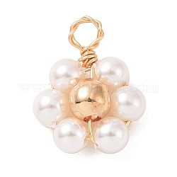 Natural Shell & Pearl Beaded Pendants, with Copper Wire Wrapped Findings, Flower Charms, Golden, 12.5x10x4.5mm, Hole: 1.8mm