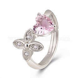 Регулируемые кольца из латуни в форме клевера с микропаве, прозрачные кубические циркониевые кольца, с сердцем, стекло имитация розового кварца, платина, внутренний диаметр: 17 мм
