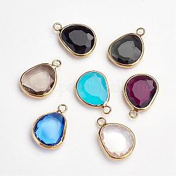 Brass Glass Pendants, Golden, teardrop, Faceted, Mixed Color, 18x13x3.5~4mm, Hole: 2mm