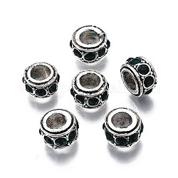 Perles européennes en alliage avec strass, mai perles de pierre de naissance, Perles avec un grand trou   , sans cadmium et sans plomb, faire la fabrication de bijoux de bracelet européen, argent antique, rondelle, émeraude, 11x6.5mm, Trou: 5mm