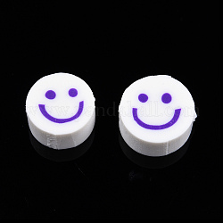 Abalorios de arcilla polimérica hechos a mano, plano y redondo con la cara sonriente, Violeta Azul, 9~10x4mm, agujero: 1.2~1.6 mm