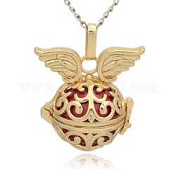 Golden Tone Brass Hollow Round Cage Pendants, with No Hole Spray Painted Brass Round Ball Beads, Round with Wing, Cerise, 31x30x21mm, Hole: 3x8mm