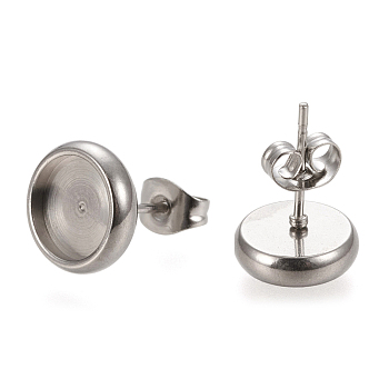 304 Stainless Steel Stud Earring Settings, with Ear Nuts, Flat Round, Stainless Steel Color, 6.5mm, Pin: 0.8mm, Tray: 4mm