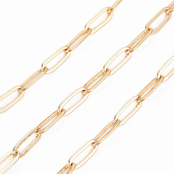 Brass Paperclip Chains, Drawn Elongated Cable Chains, Soldered, with Spool, Real 18K Gold Plated, 8.5x3x0.6mm, about 16.4 Feet(5m)/roll