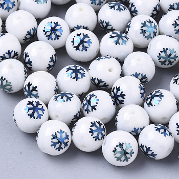 Christmas Opaque Glass Beads, Round with Electroplate Snowflake Pattern, Blue Plated, 10mm, Hole: 1.2mm