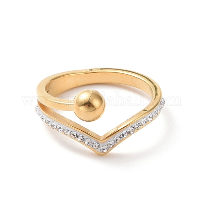 Crystal Rhinestone Wave with Round Ball Finger Ring, Ion Plating(IP) 304  Stainless Steel Jewelry for Women, Golden, US Size 6~9(16.5~18.9mm)