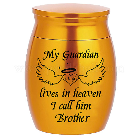 CREATCABIN Mini Urn Small Keepsake Cremation Ashes Holder Miniature Burial Funeral Paw Container Jar Stainless Steel for Human Ashes 1.57x1.18 Inch-My Guardian Lives In Heaven I Call Him Brother(Gold) AJEW-CN0001-69E-1