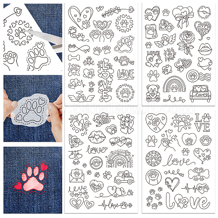 GLOBLELAND 4 Sheets 79Pcs Valentine's Day Water Soluble Stabilizer Hand Sewing Stabilizers with Pre Printed Paw Prints Stick and Stitch Self Adhesive Wash Away Stabilizer for Bags Cloth Embroidery DIY-WH0455-065-1