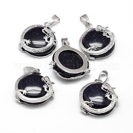 Flat Round with Dragon Platinum Plated Brass Synthetic Blue Goldstone Pendants G-F228-24F-RS-1