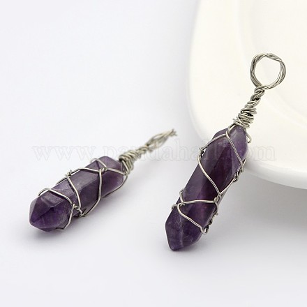 Bullet Natural Amethyst Wire Wrapped Pointed Pendants G-M225-03P-1