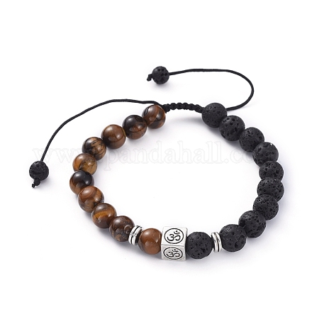 Natural Lava Rock & Tiger Eye Beads Adjustable Braided Bracelets BJEW-JB04987-05-1