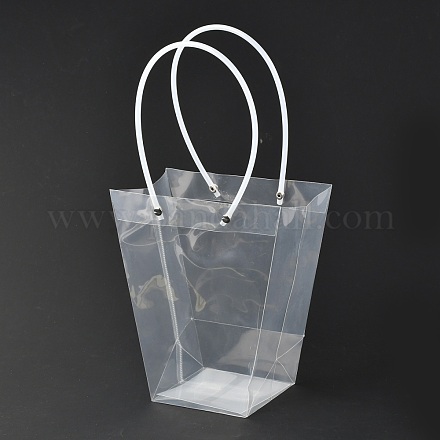 バレンタインデーの台形ppプラスチックギフトバッグ  フラワーブーケバッグ  ハンドル付き  透明  17.3x10x20cm ABAG-L015-01A-1