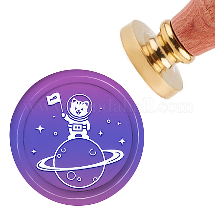 CRASPIRE Wax Seal Stamp Astronaut Cat Sealing Wax Stamps Universe 30mm Removable Brass Head Sealing Stamp with Wooden Handle for Invitations Cards Gift Wrap AJEW-WH0184-0314-1
