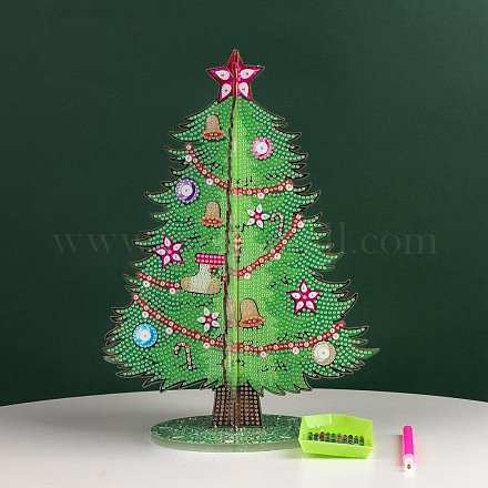Diyのクリスマスツリーのディスプレイの装飾のダイヤモンド塗装キット  プラ板含む  樹脂ラインストーン  ペン  トレープレートと接着剤クレイ  シーグリーン  265x195mm XMAS-PW0001-105A-1