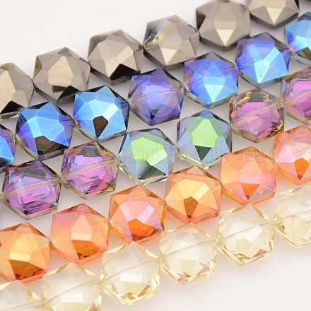 Hexagon Electroplate Full Rainbow Plated Glass Beads Strands EGLA-P015-M-1
