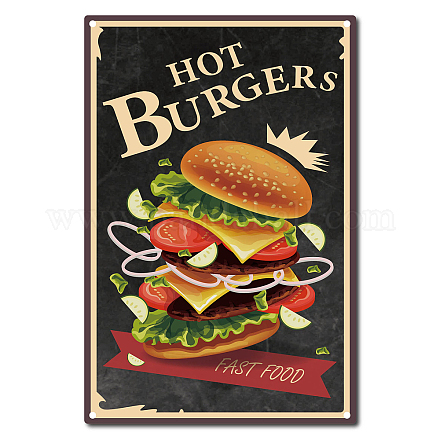 CREATCABIN Fresh Hot Burger Sign Metal Tin Signs Vintage Retro for Plaque Poster Bar Pub Garage Fast Food Cafe Home Wall Decor AJEW-WH0157-035-1