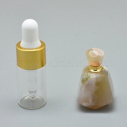 ファセット天然桜瑪瑙開閉式香水瓶ペンダント  真鍮のパーツとガラスのエッセンシャルオイルのボトル  33~37x18~22mm  穴：0.8mm  ガラス瓶容量：3ml（0.101液量オンス）  宝石の容量：1ml（0.03液量オンス） G-E556-11G-1