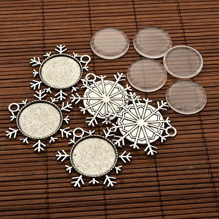 25x4mm Dome Transparent Glass Cabochons and Christmas Ornaments Antique Silver Alloy Snowflake Pendant Cabochon Settings DIY DIY-X0181-AS-1