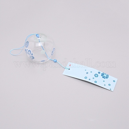 日本の丸い絵ガラス風鈴  ポリエステルコード付き  プラスチックビーズ  長方形の紙カード  花柄  400mm CF-TAC0001-04C-1