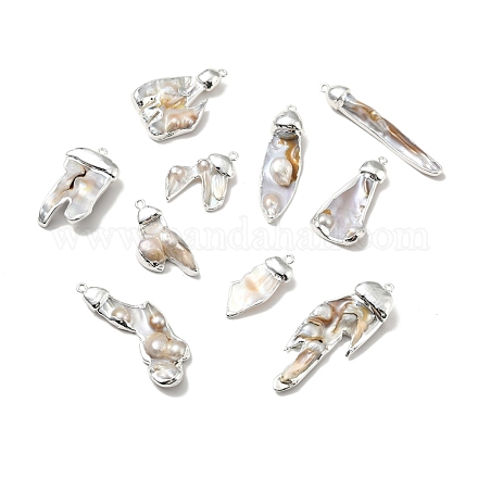 天然淡水真珠のペンダント  シルバートーン真鍮パーツ  鉛フリー＆カドミウムフリー  ナゲット  31.5~61.5x10~27x2~7mm  穴：2mm KK-F836-01S-1