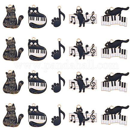 スーパーファインディング 20 個 5 スタイル音楽テーマチャーム  合金エナメルチャーム  ピアノと楽譜を持つ猫  ブラック  20~28x17~28x1.2mm  穴：2mm  4個/スタイル ENAM-FH0001-47-1