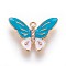 Zinc Alloy Pendants, with Enamel and Rhinestone, Butterfly, Light Gold, Deep Sky Blue, 18x25.5x3.5mm, Hole: 1mm