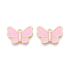 Pendentifs d'émail en alliage, breloques de papillon, or, perle rose, 19x22x2mm, Trou: 1.9mm