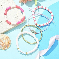 5 pièces 5 styles en argile polymère heishi et mot amour ensemble de bracelets extensibles en perles&nbsp;BJEW-TA00297