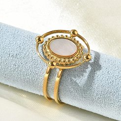 Ovale Fingerringe aus 304 Edelstahl mit weißer Muschel für Frauen&nbsp;RJEW-G346-09G-02