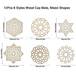 12 pièces 6 styles de tapis de tasse en bois&nbsp;AJEW-CJ0001-37