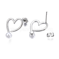 Orecchini a bottone in ottone a cuore aperto con perla in plastica abs da donna&nbsp;EJEW-N011-54P