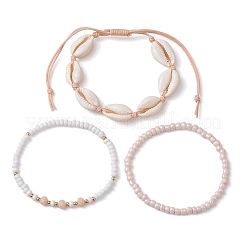 Ensemble de bracelets extensibles en perles de verre et d'alliage de coquillages de cauris mélangés naturels de plage d'été et ensembles de bracelets de perles tressées&nbsp;BJEW-JB10838
