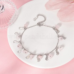 Tobillera con dijes de gato y chips de cuarzo rosa natural&nbsp;AJEW-AN00512-03