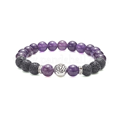 Bracelets extensibles en perles de roche de lave naturelle et mélange de pierres précieuses et d'alliages de rose&nbsp;BJEW-JB09401