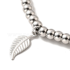 Bracciale con ciondolo a forma di foglia in acciaio inossidabile 304 anti-ossidazione con 201 perle rotonde in acciaio inossidabile per donna&nbsp;BJEW-B057-18P