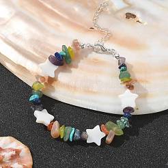 Scaglie di pietre preziose naturali miste e braccialetto con perline a forma di stella di conchiglia&nbsp;BJEW-TA00429