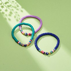3 stücke 3 farben polymer clay heishi surfer stretch fußkettchen set mit Bunte Malerei bösen blick&nbsp;AJEW-AN00502