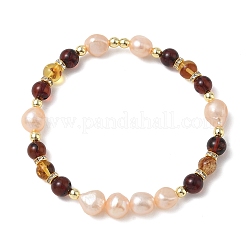 Elastische Armbänder aus natürlichen Süßwasserperlen und Bernstein für Damen&nbsp;BJEW-JB13723