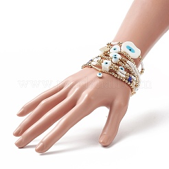 7 pièces 7 style mauvais œil au chalumeau et graine de verre et bracelets extensibles en laiton perlé ensemble pour les femmes&nbsp;BJEW-JB09249-02